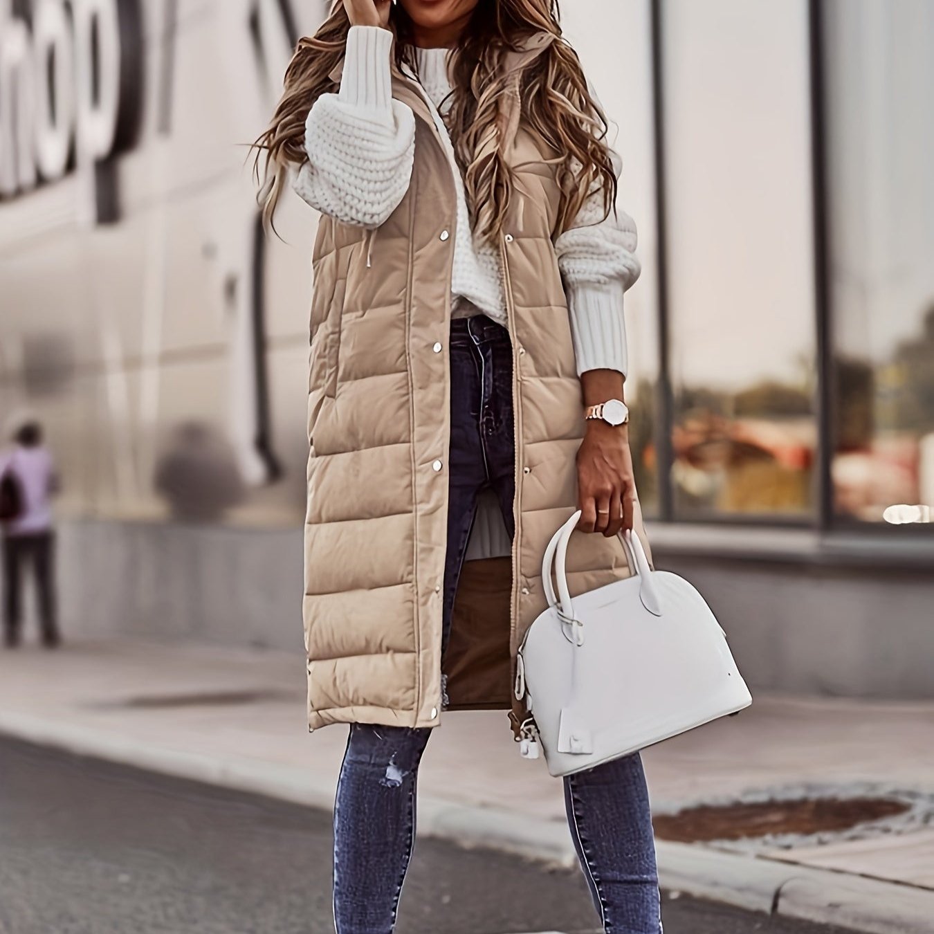 Eulalie | Gilet Femme Long Matelassé à Capuche, Sans Manches, Couleur Unie