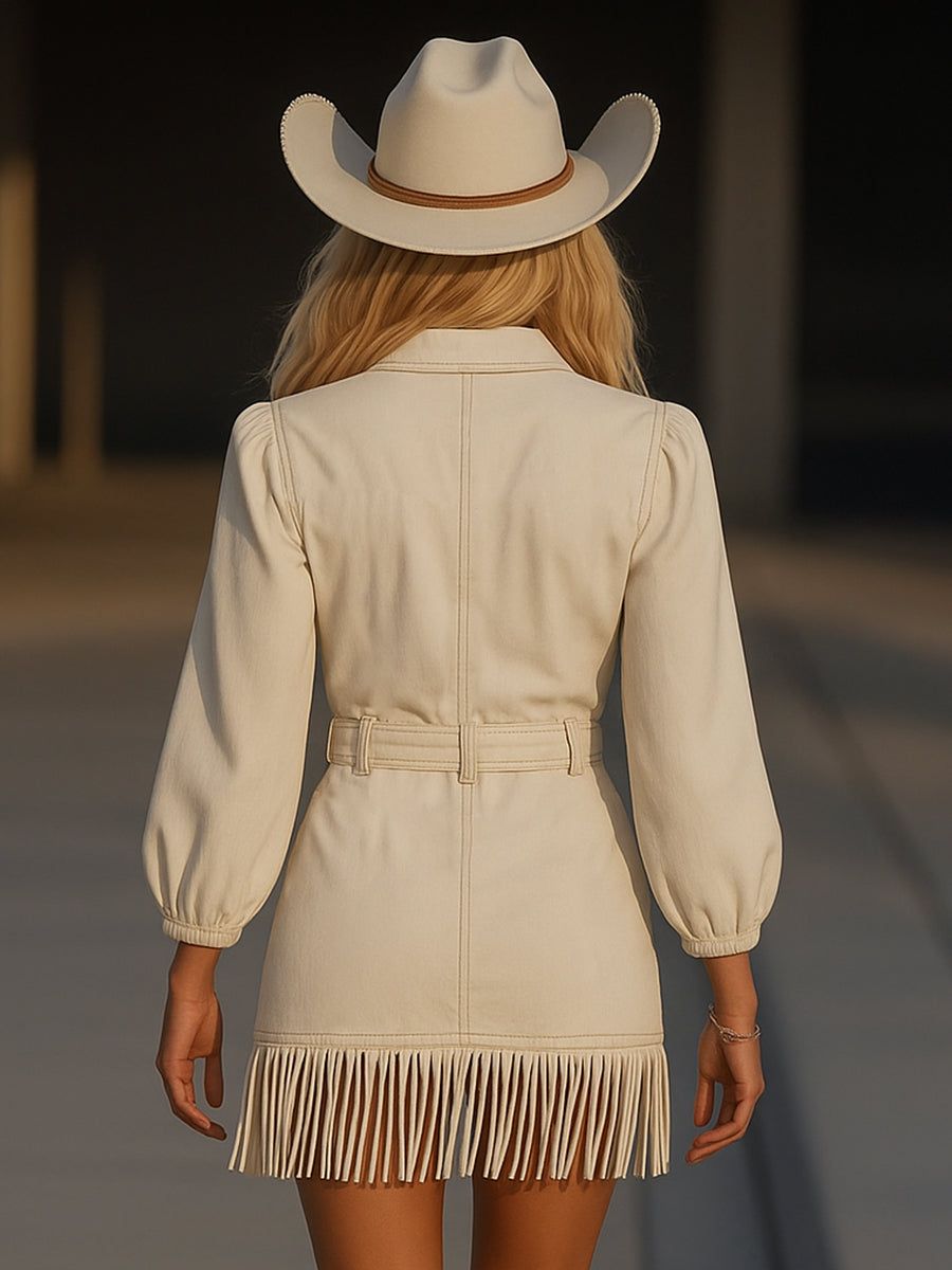 Robe à manches longues avec franges et ceinture – Chic, moderne & polyvalente