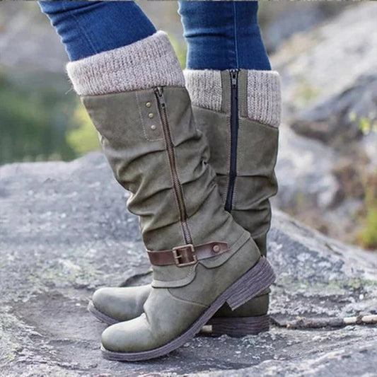 Virginie | Bottes Hautes Femme Hiver à Talon Bloc avec Fermeture Éclair Côté