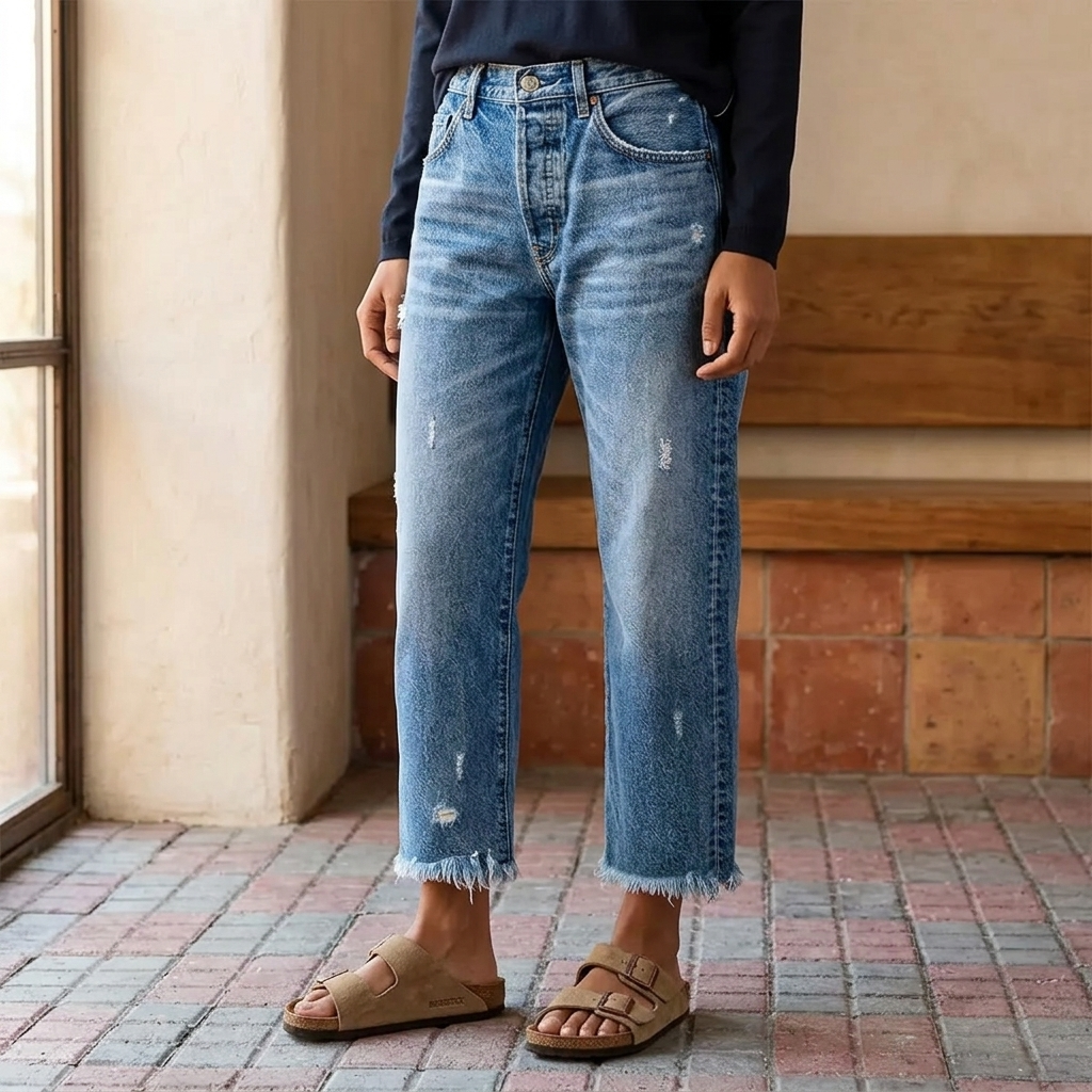 Jean femme | Jean droit et confortable à ourlet effiloché pour un style décontracté