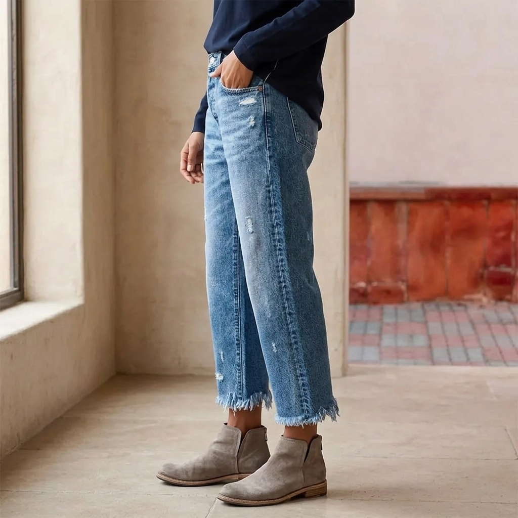 Jean femme | Jean droit et confortable à ourlet effiloché pour un style décontracté