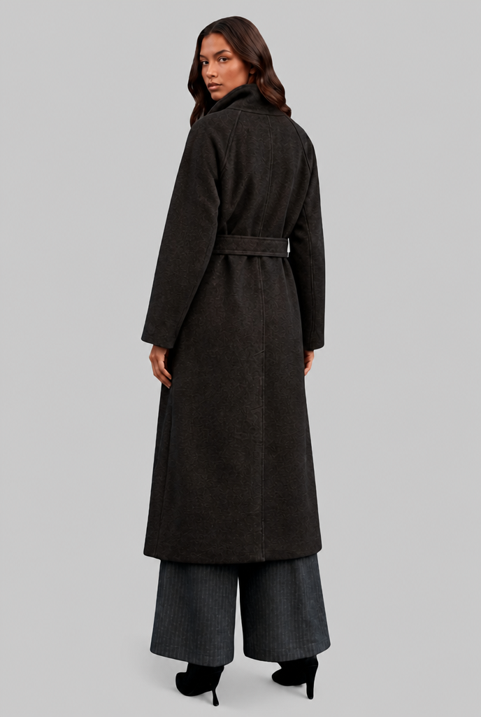 Manteau femme | Manteau long droit à col montant et ceinture à nouer pour les journées fraîches