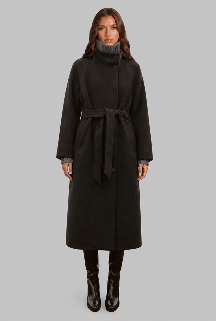 Manteau femme | Manteau long droit à col montant et ceinture à nouer pour les journées fraîches