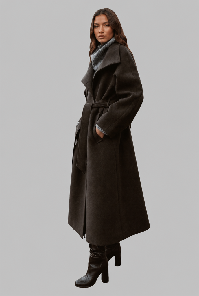 Manteau femme | Manteau long droit à col montant et ceinture à nouer pour les journées fraîches