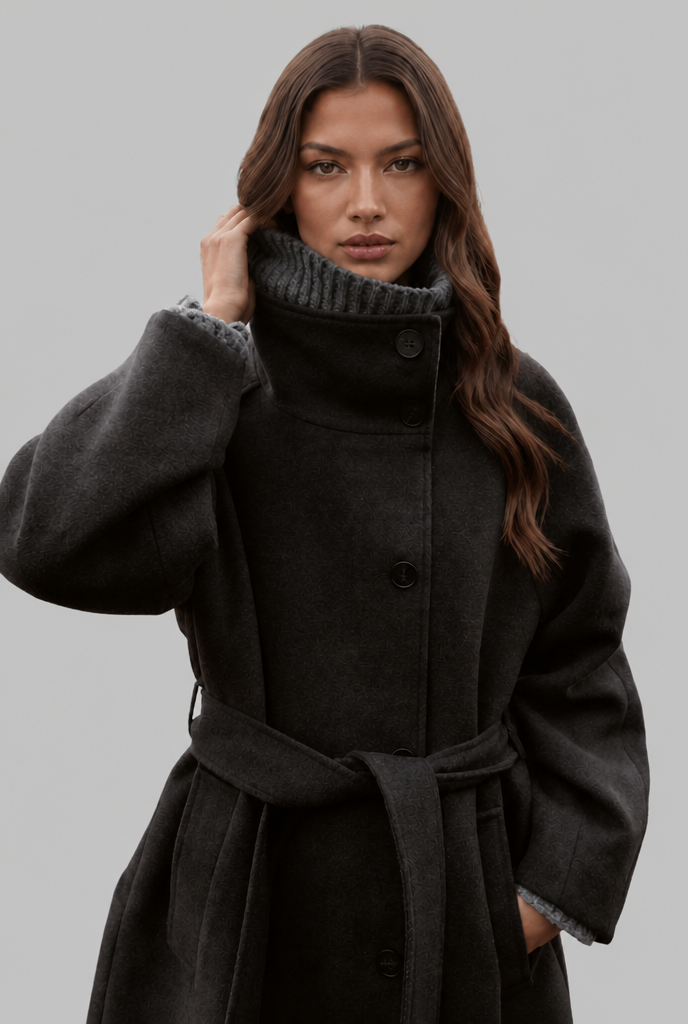 Manteau femme | Manteau long droit à col montant et ceinture à nouer pour les journées fraîches