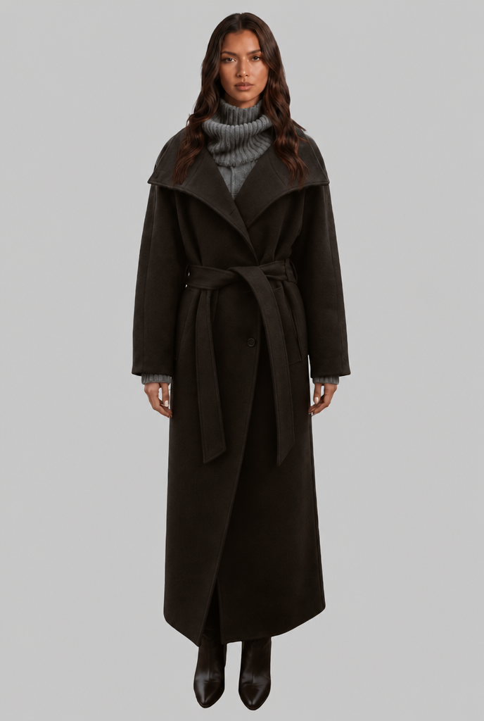 Manteau femme | Manteau long droit à col montant et ceinture à nouer pour les journées fraîches