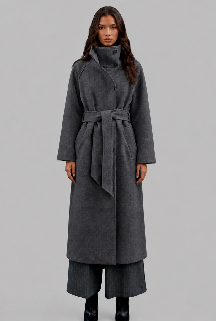 Manteau femme | Manteau long droit à col montant et ceinture à nouer pour les journées fraîches