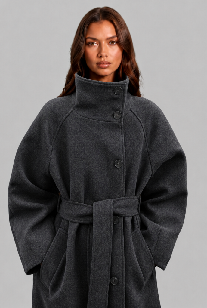 Manteau femme | Manteau long droit à col montant et ceinture à nouer pour les journées fraîches