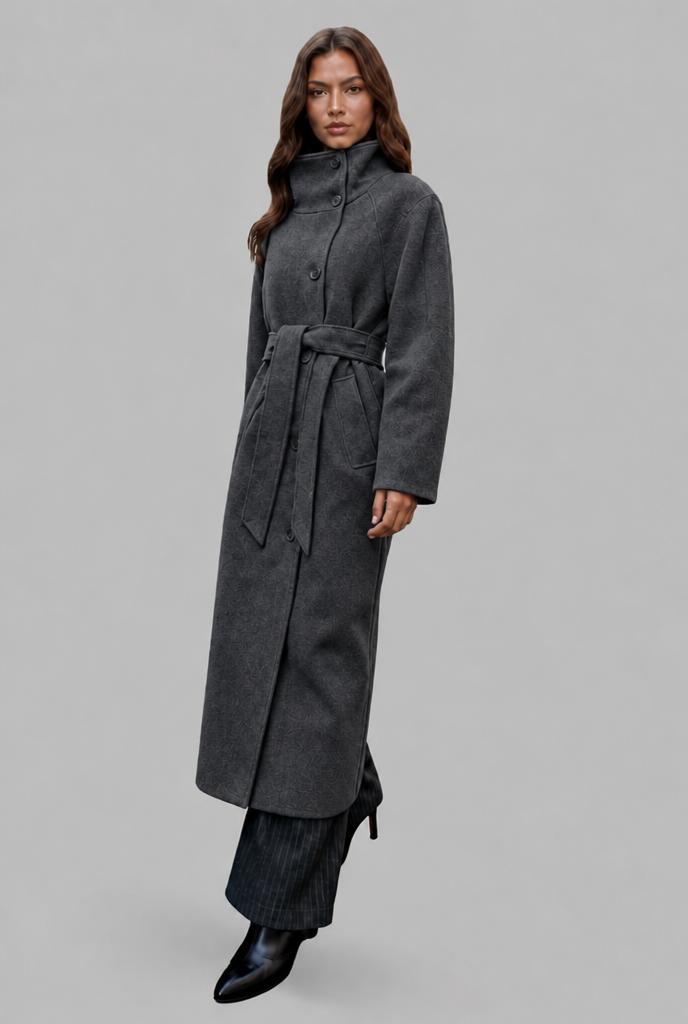 Manteau femme | Manteau long droit à col montant et ceinture à nouer pour les journées fraîches