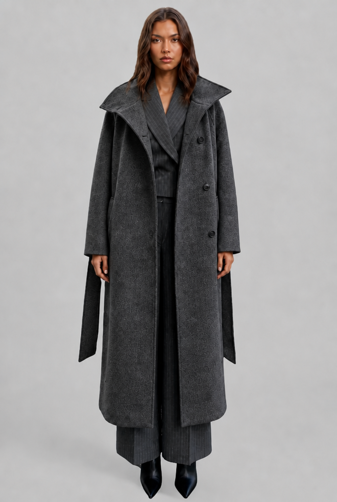 Manteau femme | Manteau long droit à col montant et ceinture à nouer pour les journées fraîches
