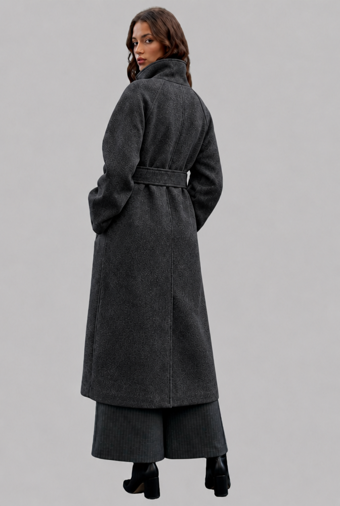 Manteau femme | Manteau long droit à col montant et ceinture à nouer pour les journées fraîches
