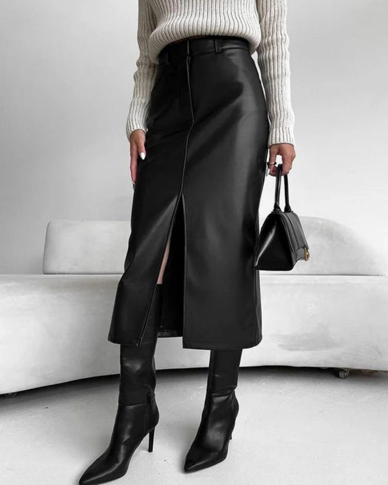 Jupe Midi Taille Haute avec Fente Frontale – Silhouette Moderne et Élégante