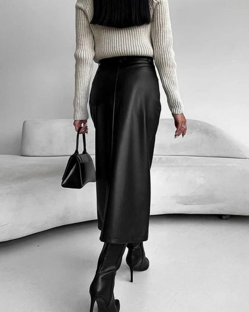 Jupe Midi Taille Haute avec Fente Frontale – Silhouette Moderne et Élégante