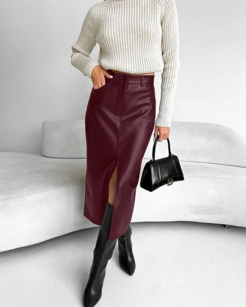 Jupe Midi Taille Haute avec Fente Frontale – Silhouette Moderne et Élégante