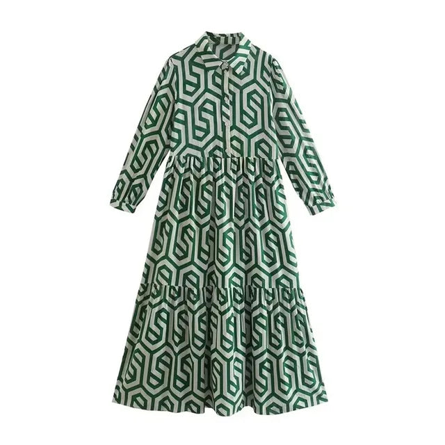 Philomène | Robe Femme Midi Ample à Manches Longues avec Motif Géométrique Élégant
