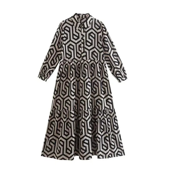 Philomène | Robe Femme Midi Ample à Manches Longues avec Motif Géométrique Élégant