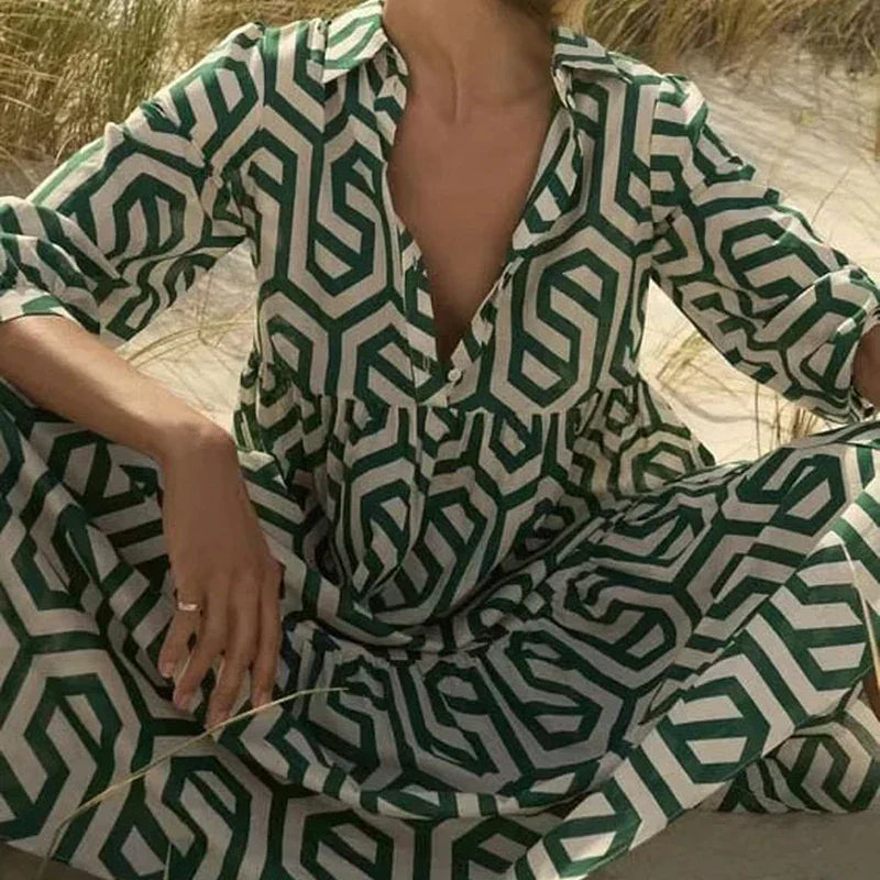 Philomène | Robe Femme Midi Ample à Manches Longues avec Motif Géométrique Élégant