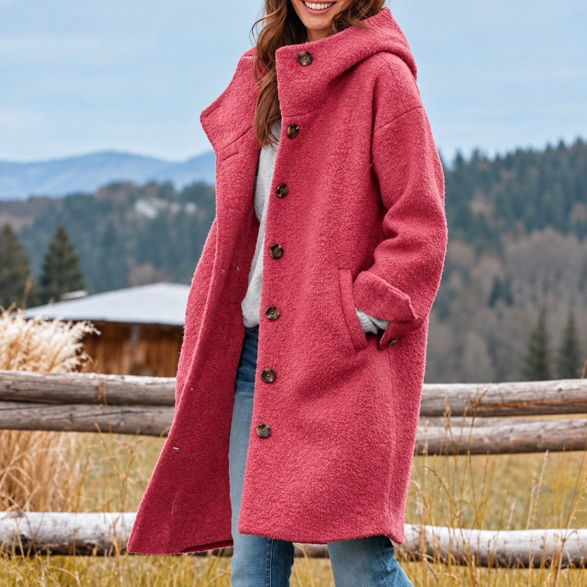 Manteau femme | Long manteau à capuche avec fermeture boutonnée et coupe ample