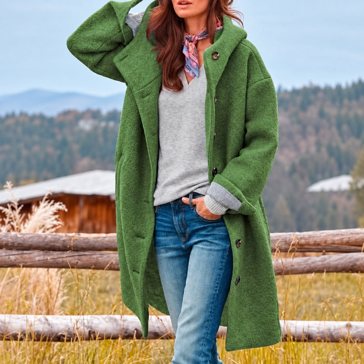 Manteau femme | Long manteau à capuche avec fermeture boutonnée et coupe ample