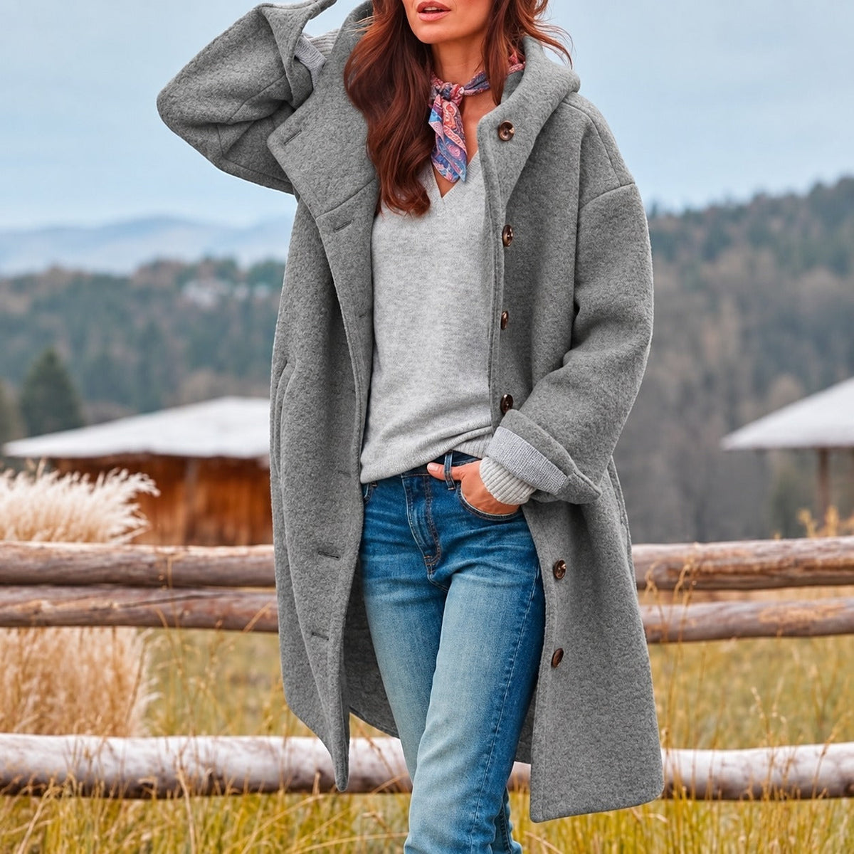Manteau femme | Long manteau à capuche avec fermeture boutonnée et coupe ample