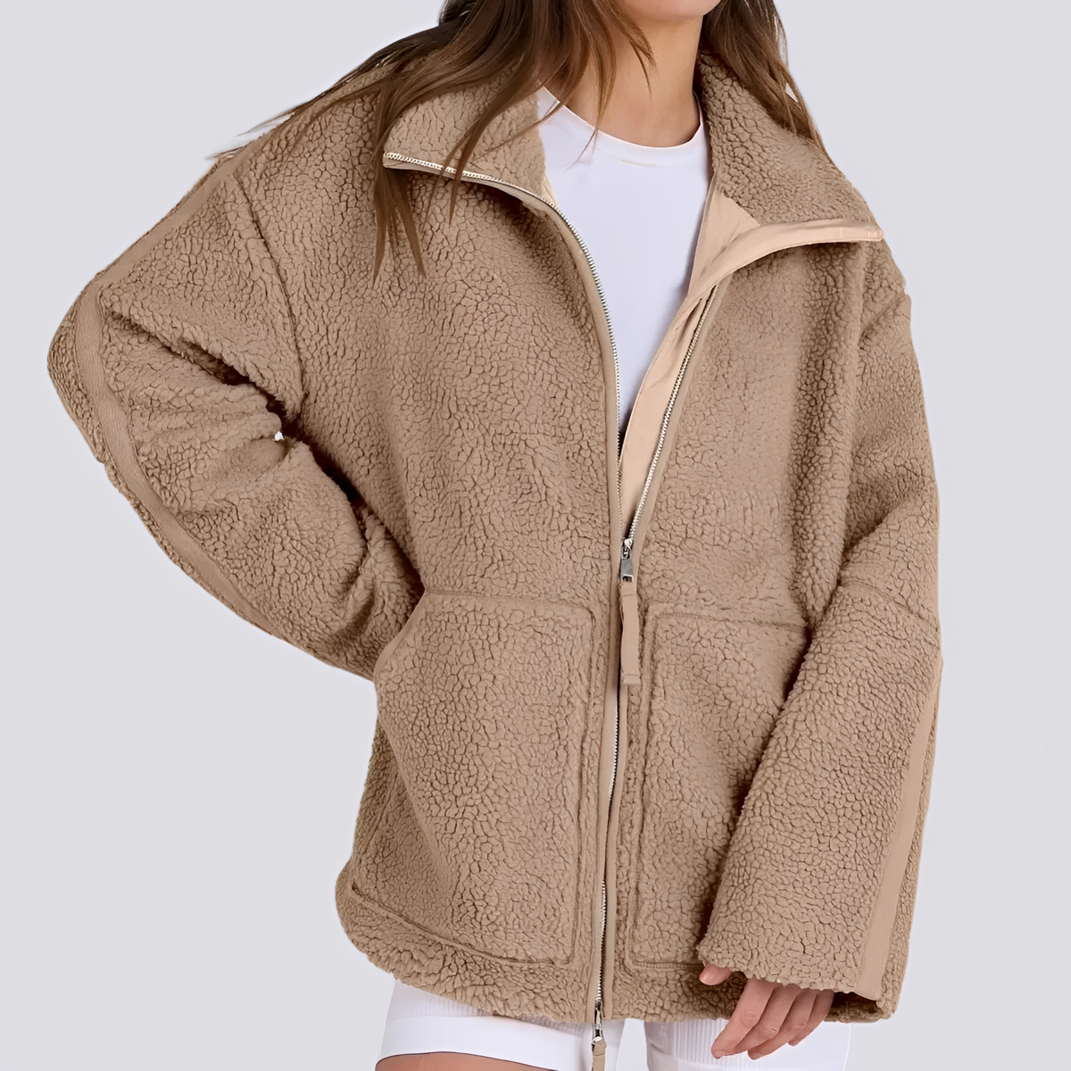 Veste teddy femme | Veste oversize zippée à col montant avec poches pratiques