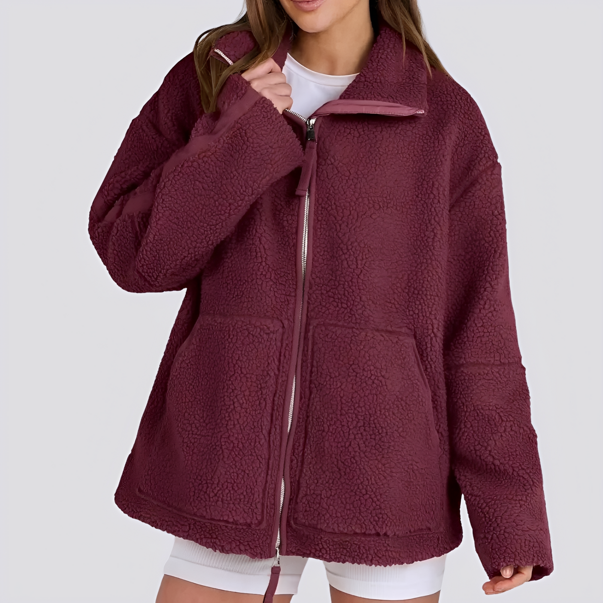 Veste teddy femme | Veste oversize zippée à col montant avec poches pratiques