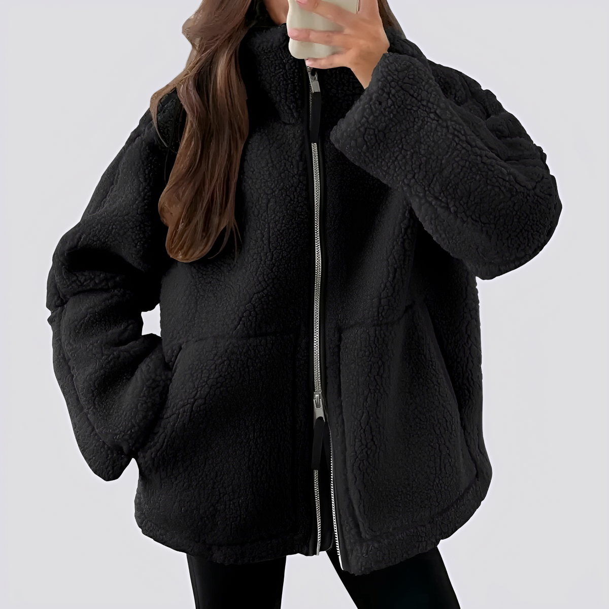 Veste teddy femme | Veste oversize zippée à col montant avec poches pratiques