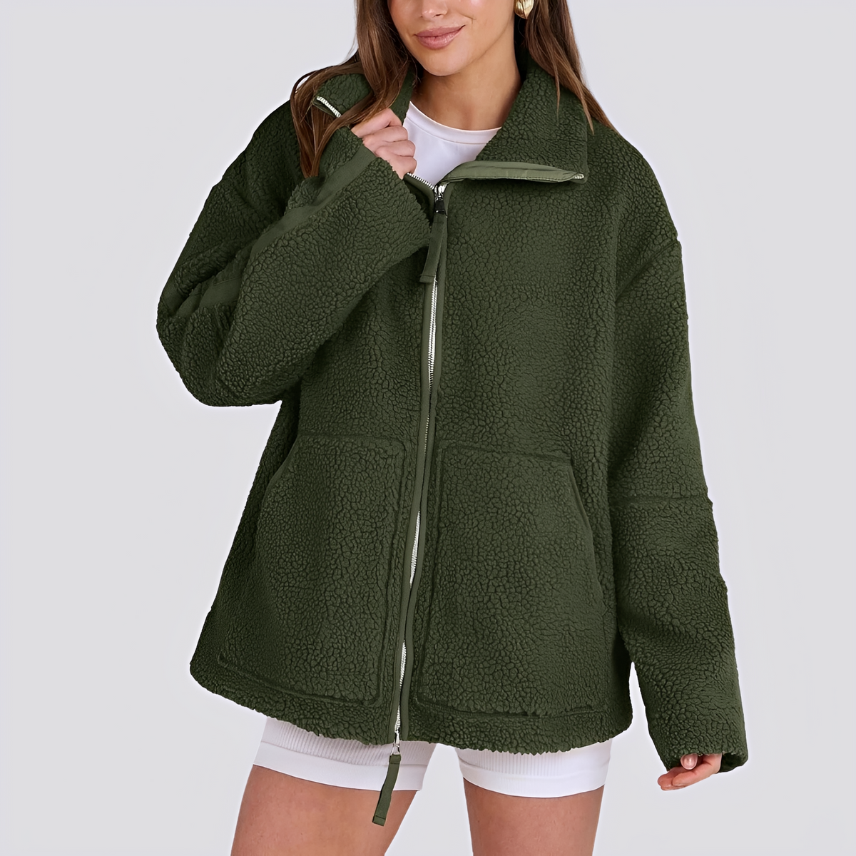 Veste teddy femme | Veste oversize zippée à col montant avec poches pratiques
