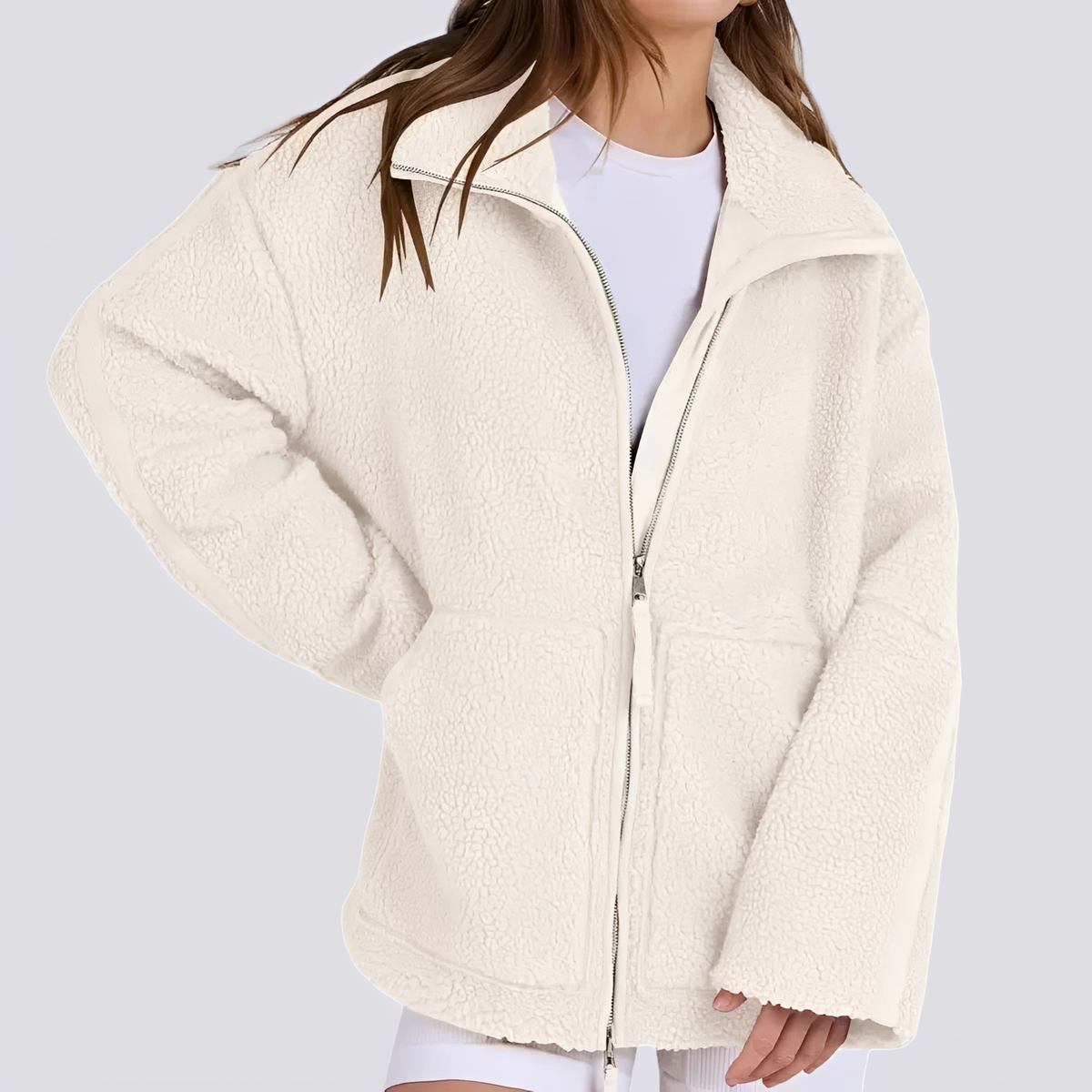Veste teddy femme | Veste oversize zippée à col montant avec poches pratiques