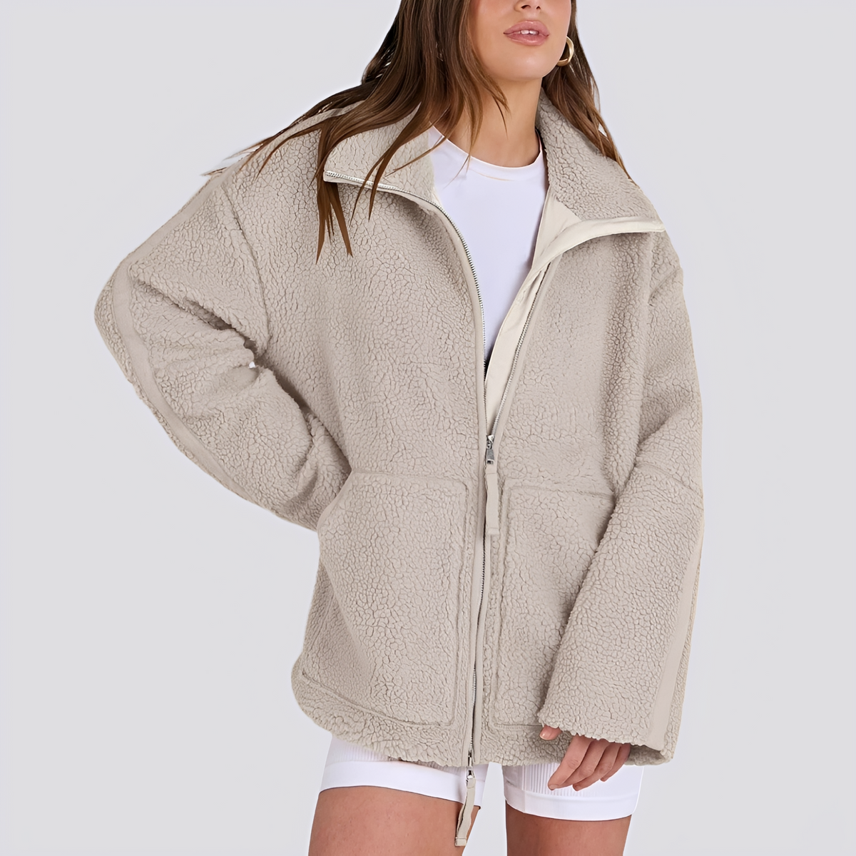 Veste teddy femme | Veste oversize zippée à col montant avec poches pratiques