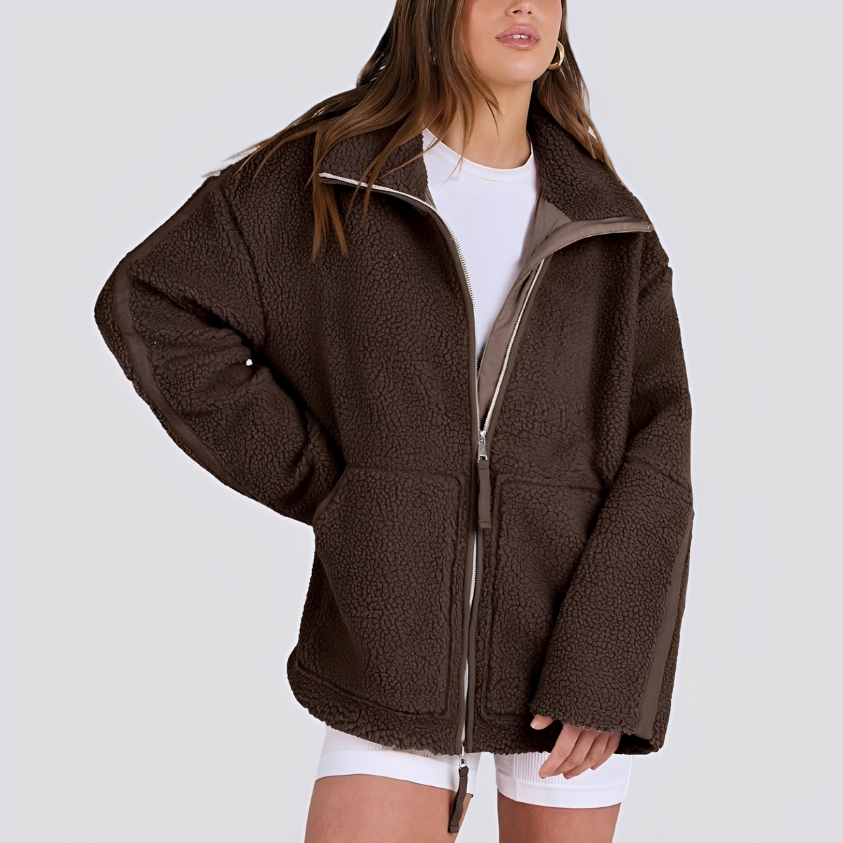 Veste teddy femme | Veste oversize zippée à col montant avec poches pratiques