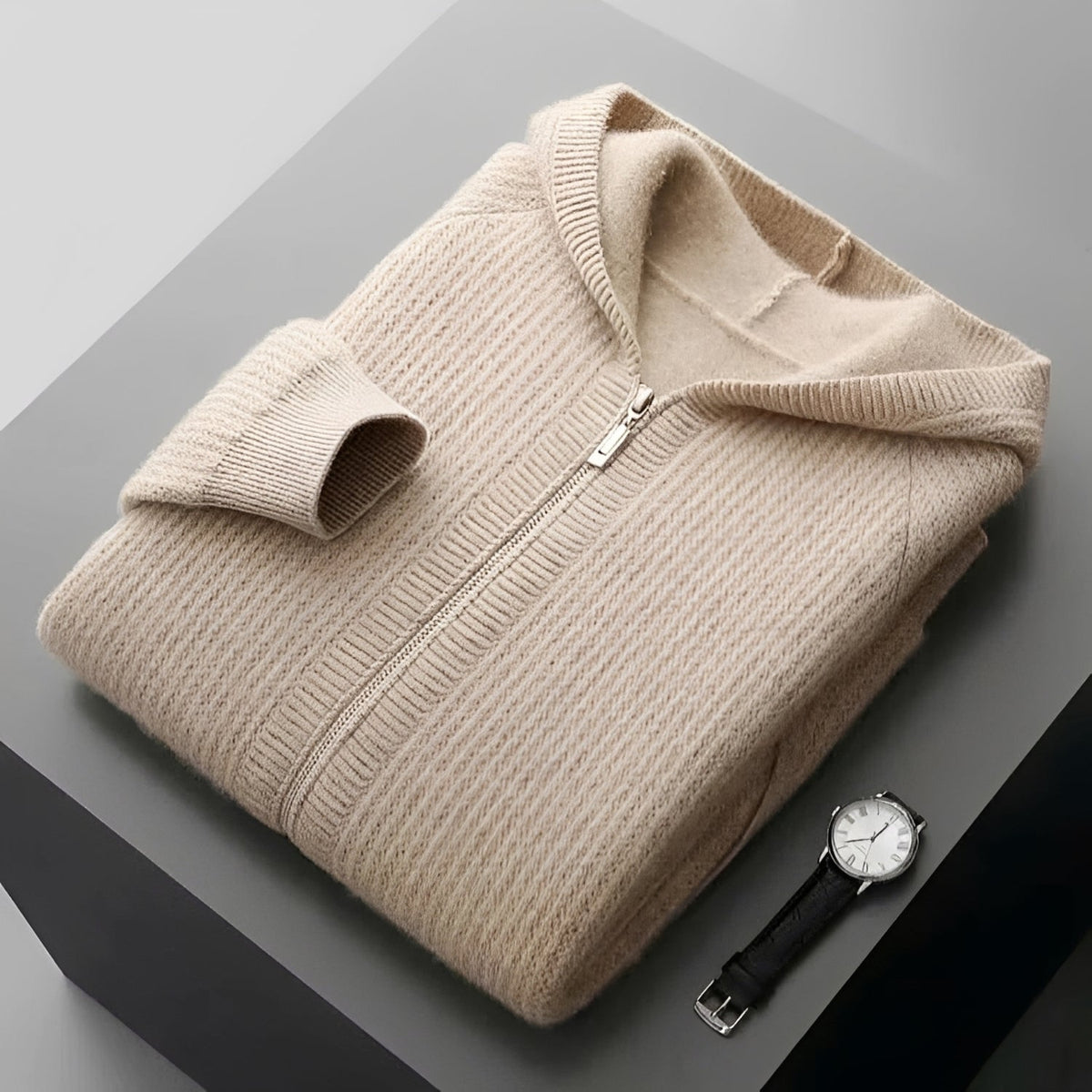 Hoodie homme | Sweat à capuche zippé à motif côtelé et coupe décontractée