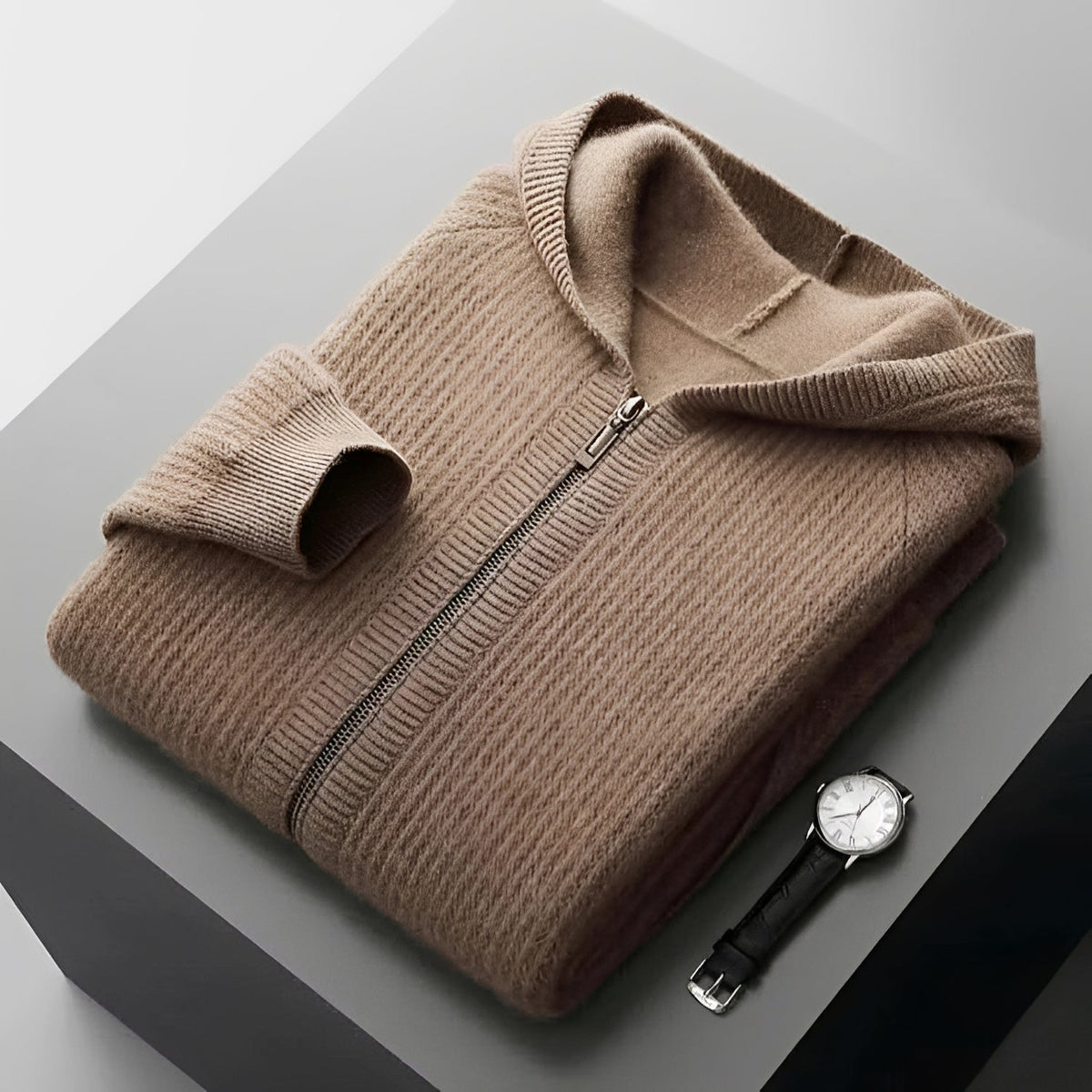 Hoodie homme | Sweat à capuche zippé à motif côtelé et coupe décontractée