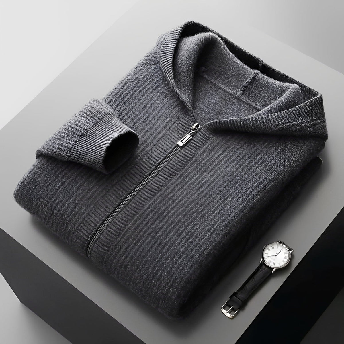 Hoodie homme | Sweat à capuche zippé à motif côtelé et coupe décontractée