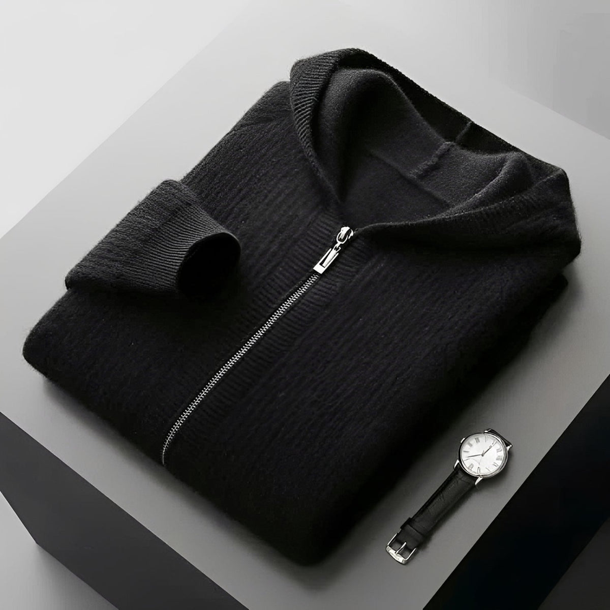 Hoodie homme | Sweat à capuche zippé à motif côtelé et coupe décontractée