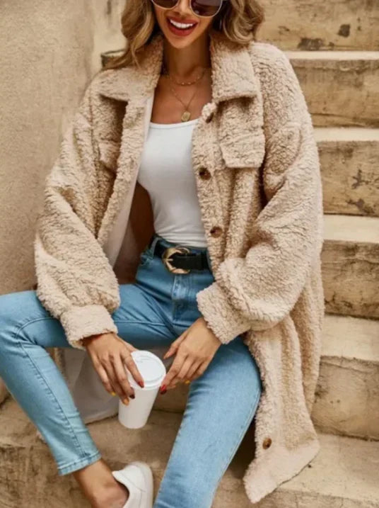 Léna | Manteau long femme Teddy oversize – Col à revers boutonné beige, chaud et élégant