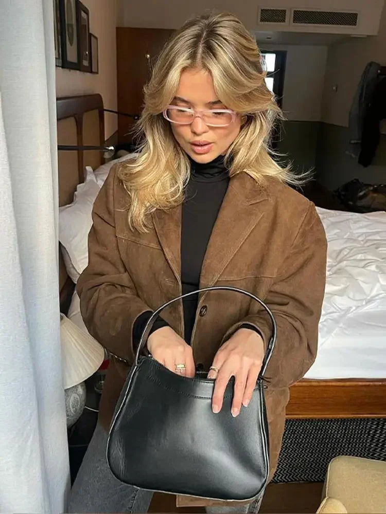 Véronique | Veste Femme Marron Classique à Boutons & Col Tailleur