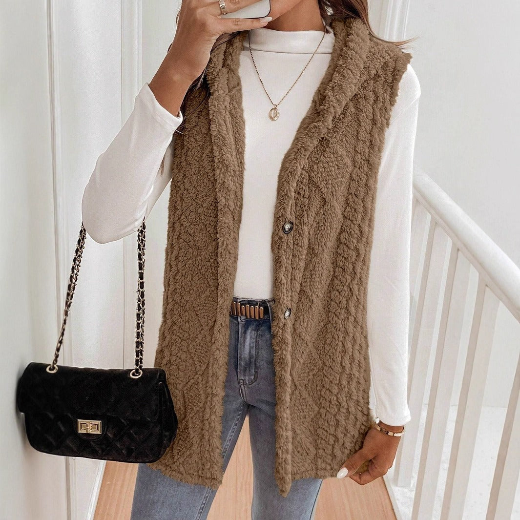 Corentine | Gilet Femme Sans Manches en Teddy Douillet à Capuche, Élégant et Confortable