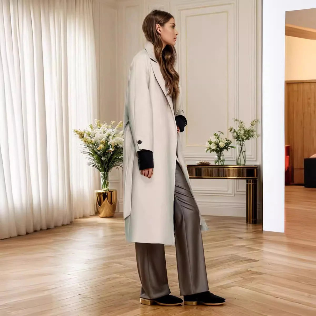 Éleonisse | Trench Coat Femme Relaxed Fit à Ceinture Taille et Poches Latérales – Midi Length