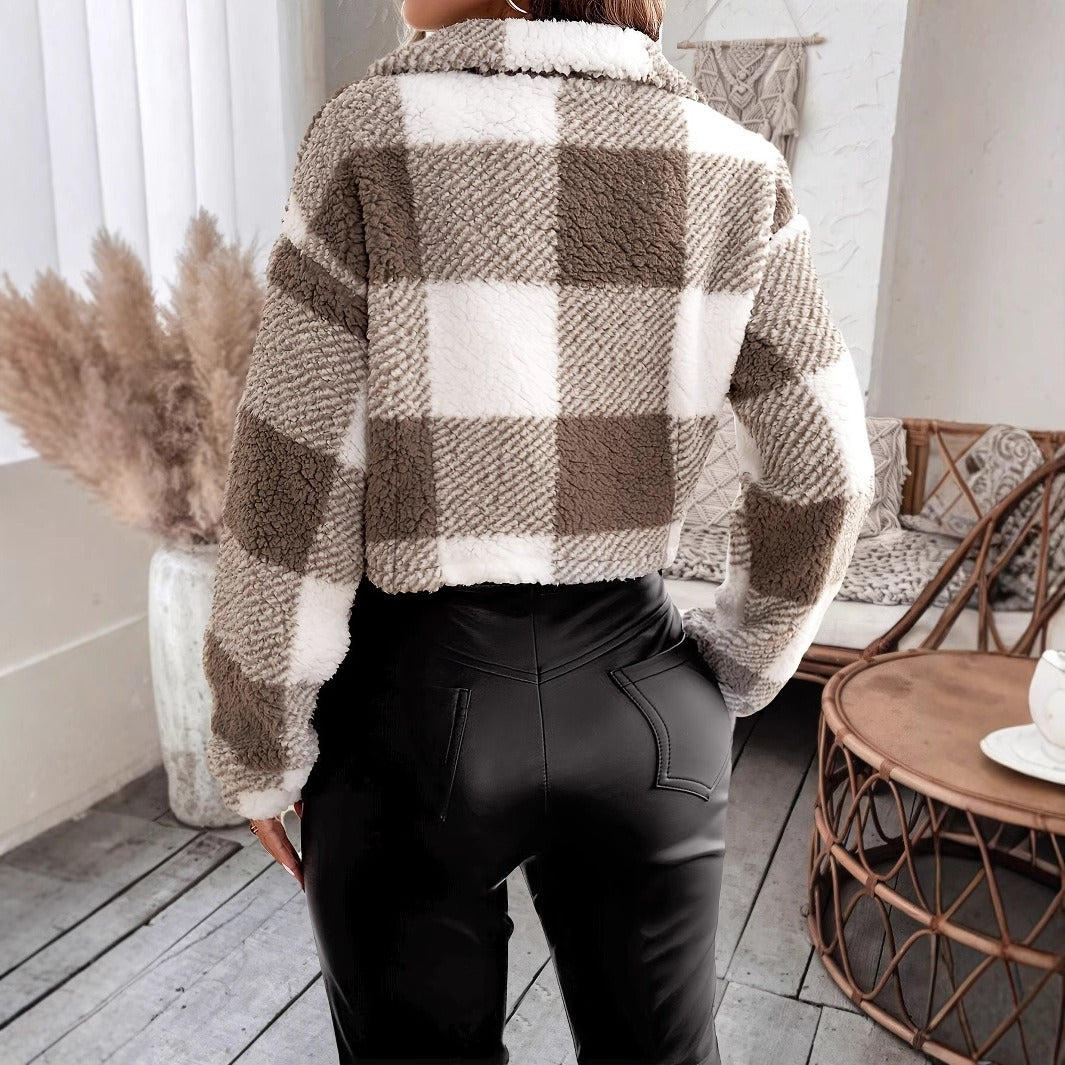 Fiorélia | Cropped Jacket Femme Boxy en Fleece Teddy à Carreaux avec Fermeture Éclair