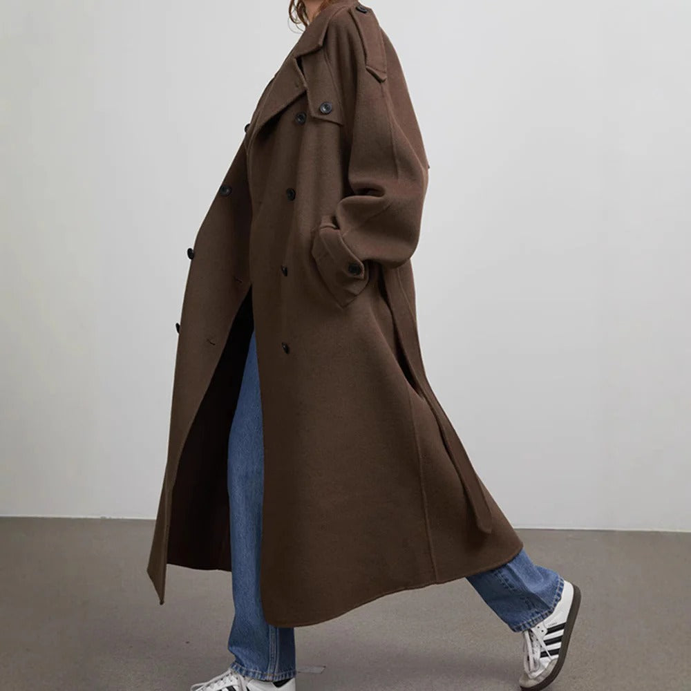 Dominelle | Trench Coat Femme Long Oversized, Double-Breasted avec Ceinture Taille et Col Revers