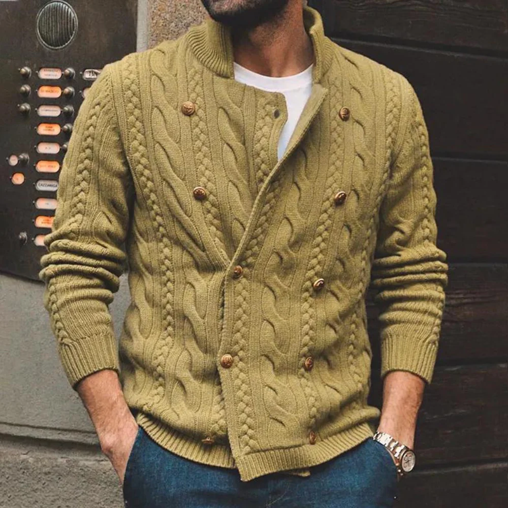 Ian | Cardigan Homme en Laine, Motif Cable Knit avec Boutonnage Double et Bords Côtes