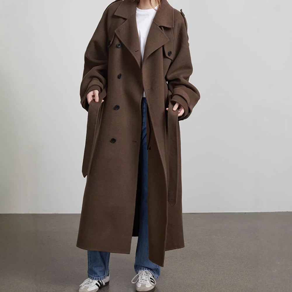 Dominelle | Trench Coat Femme Long Oversized, Double-Breasted avec Ceinture Taille et Col Revers