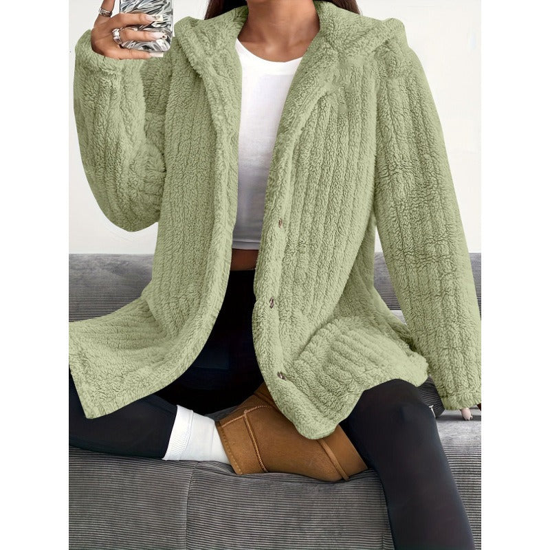 Avril | Veste Femme Teddy à Capuche, Boutonnée et Ample, Couleur Unie