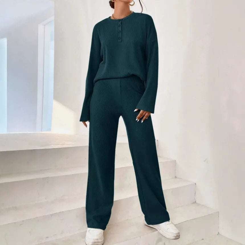 Canelle | Ensemble Tricot Femme à Col Boutonné et Pantalon Large, Confort Élégant