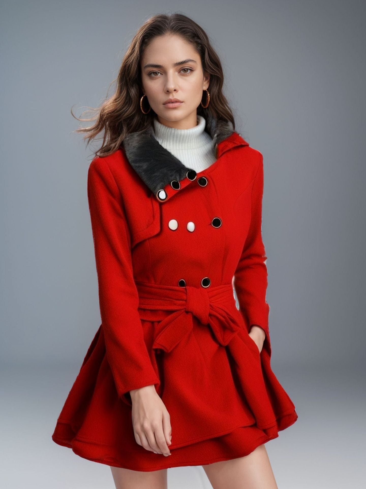 Désirée | Trench Coat Femme Slim Fit en Laine, Ceinture Taille, Col en Fausse Fourrure et Silhouette Évasée