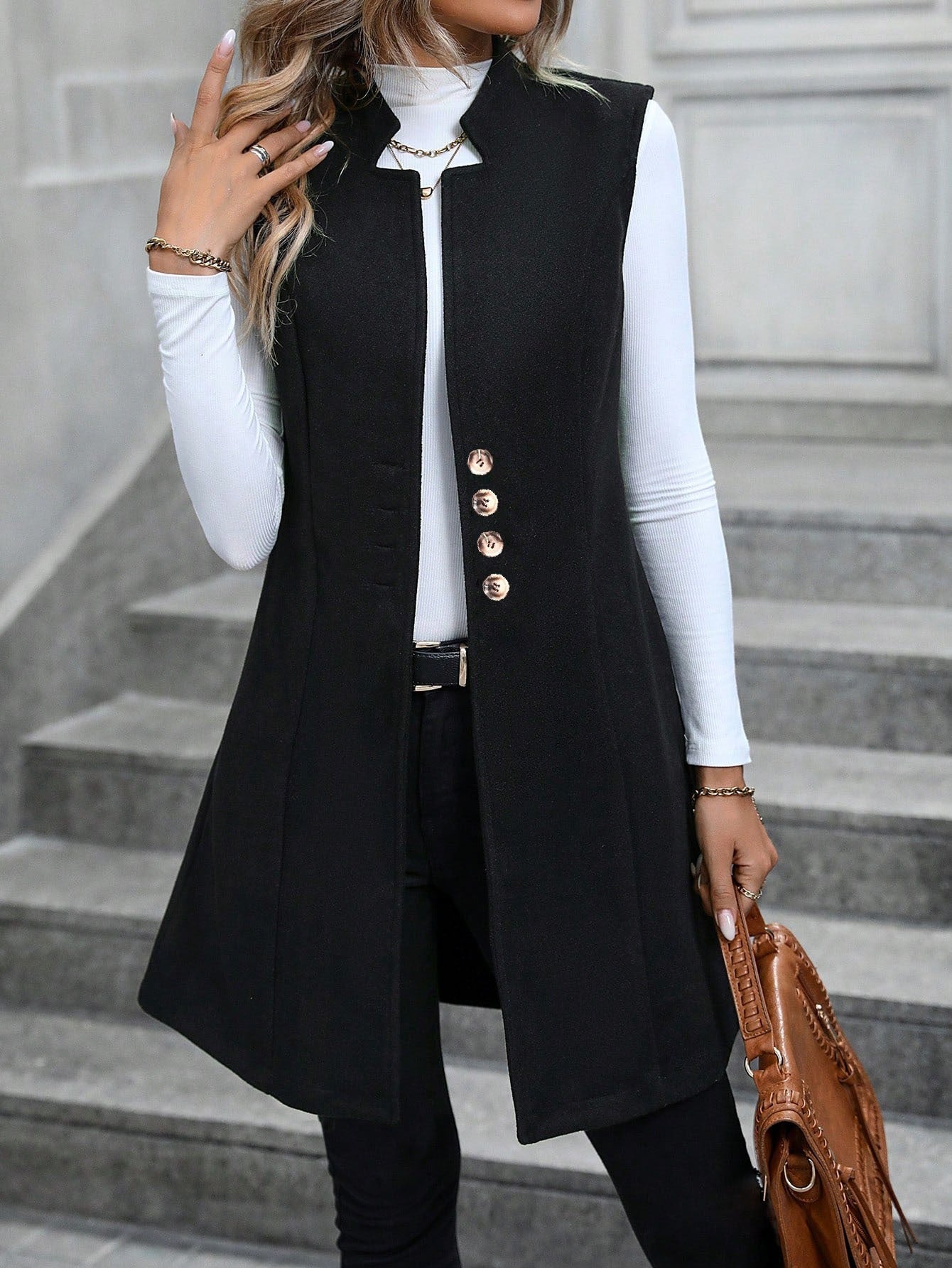 Bastienne | Gilet Femme Long à Boutons, Sans Manches et Élégant