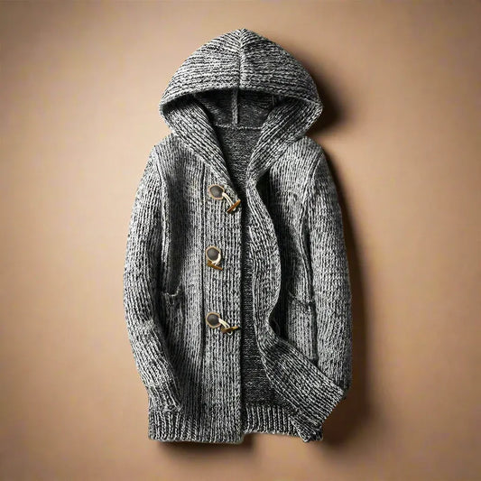 Gordon | Cardigan Homme Long à Capuche Tricoté avec Fermeture à Bascule en Bois et Poches