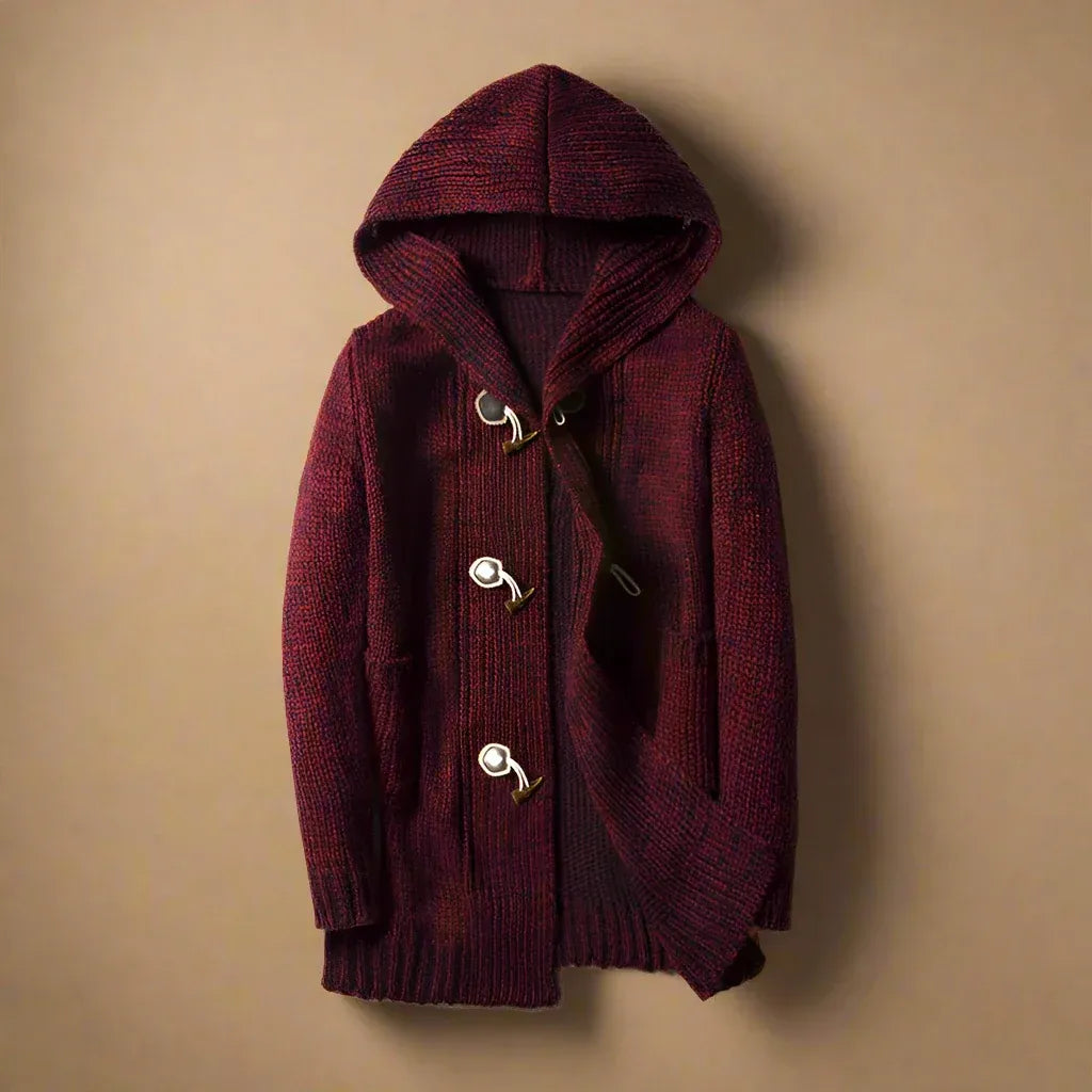 Gordon | Cardigan Homme Long à Capuche Tricoté avec Fermeture à Bascule en Bois et Poches
