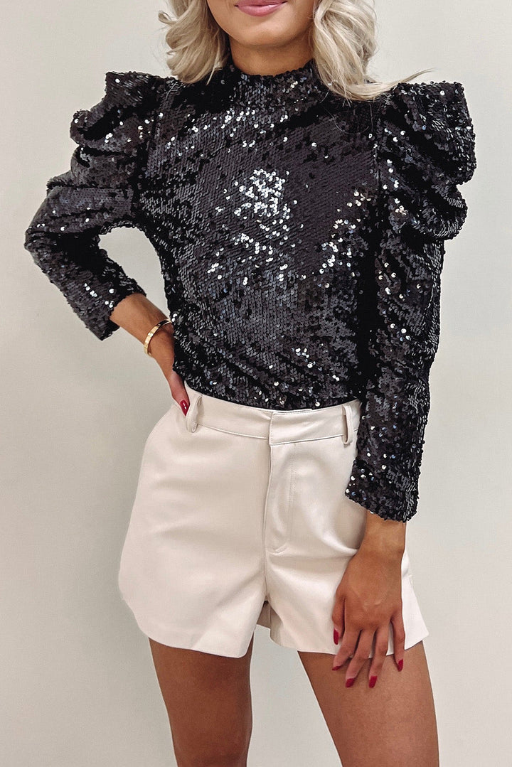 Océane | Blouse Col Roulé à Paillettes et Manches Bouffantes pour Femme